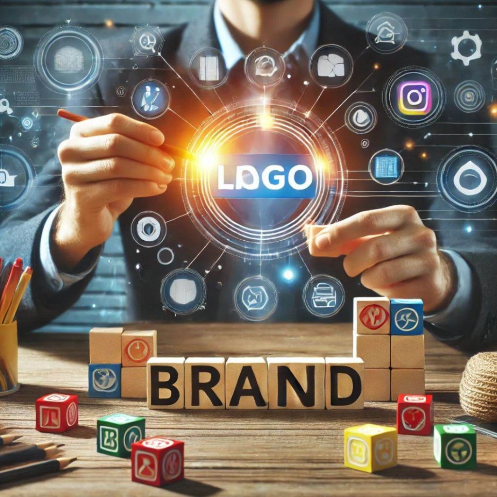 BRANDING Person holding a pencil while interacting with a holographic display showing various social media icons and the word "Logo." Blocks on the desk spell out "Brand.