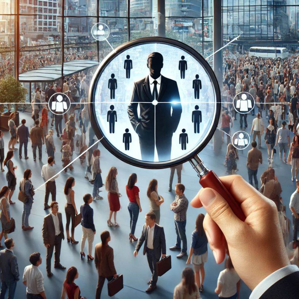 starting a new dental practice IDENTIFY YOUR IDEAL PATIENTS - A hand holds a magnifying glass focusing on a standing man in a suit among a crowd. Surrounding icons represent interconnected individuals, symbolizing networking or recruitment.