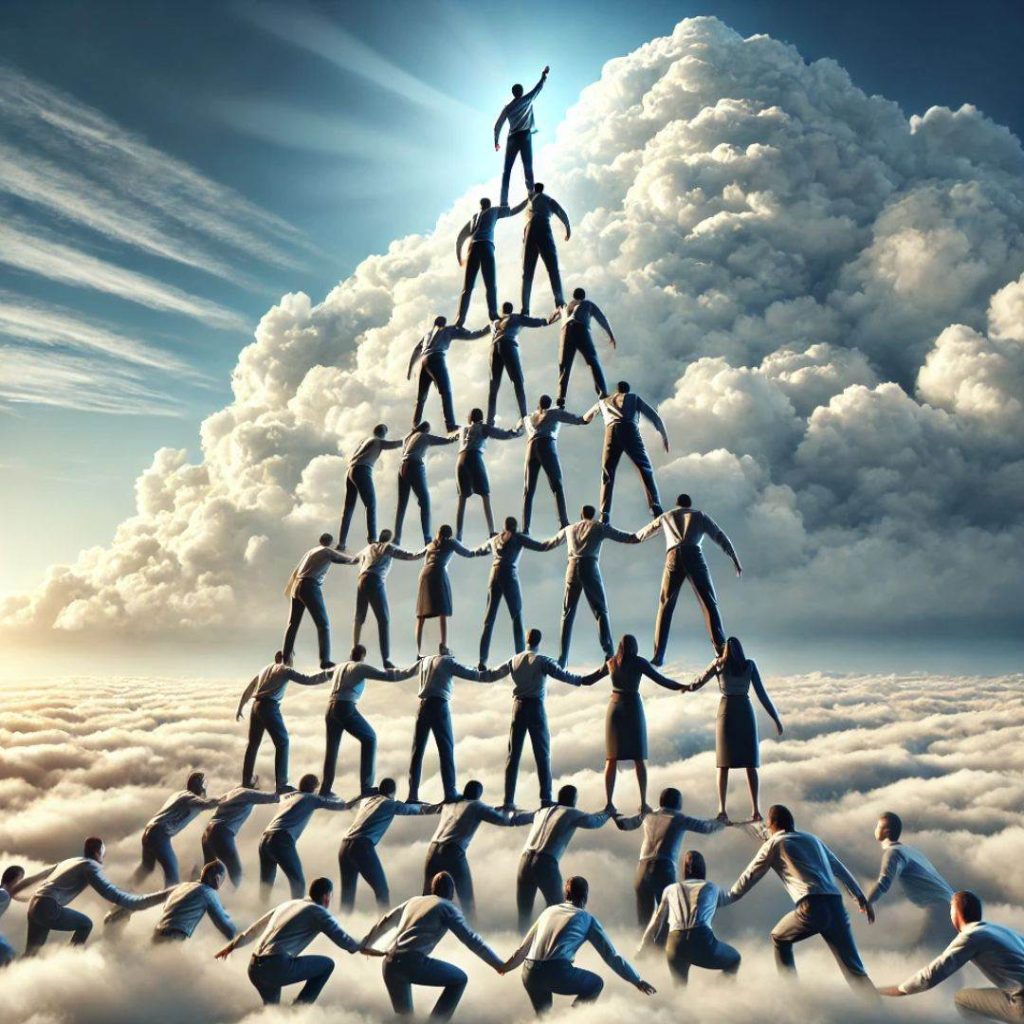 REACH YOUR GOALS - A pyramid of people stands on top of clouds under a dramatic sky. The formation shows teamwork, with individuals holding each other up. The person at the peak raises an arm into the sky.