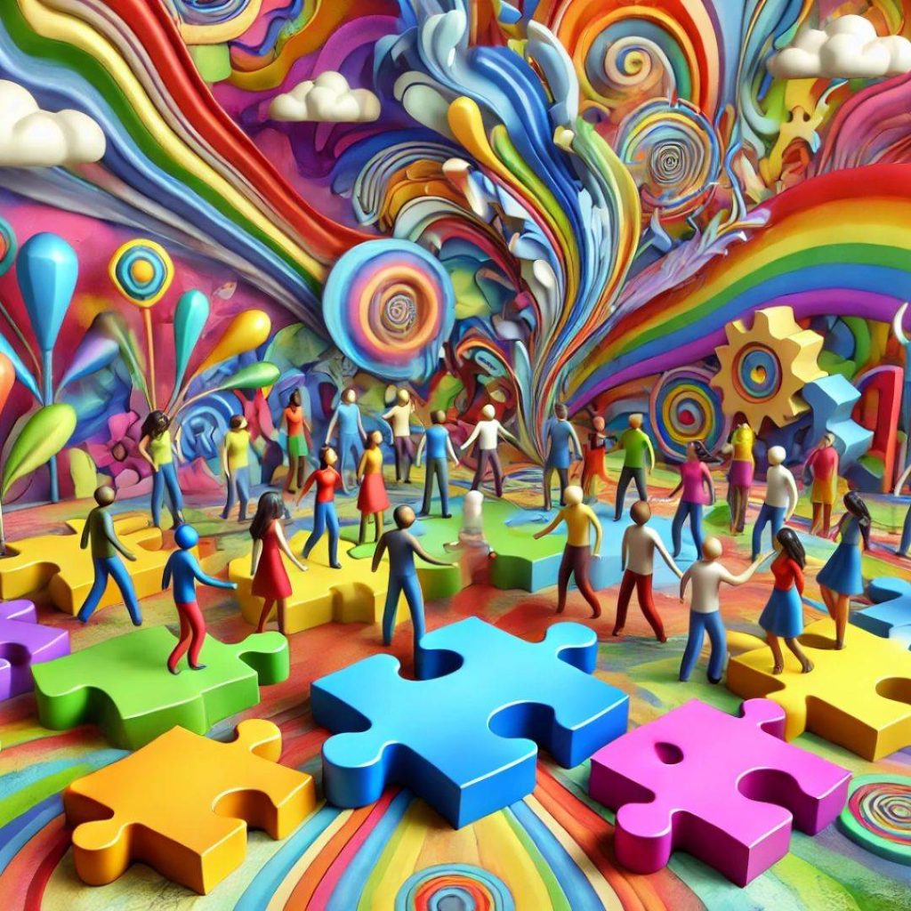 FINDING THE RIGHT DENTAL MARKETING AGENCY - People holding hands and standing on large colorful puzzle pieces in a vibrant, whimsical scene with swirling rainbows and clouds in the background.