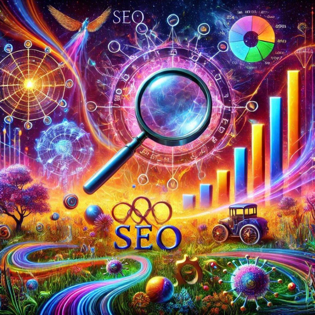 GET SEO WORKING FOR YOUR DENTAL CLINIC - A vibrant, fantastical digital art scene featuring a large magnifying glass, bar charts, and SEO elements, set against a colorful, surreal background with plants, networks, and cosmic patterns.
