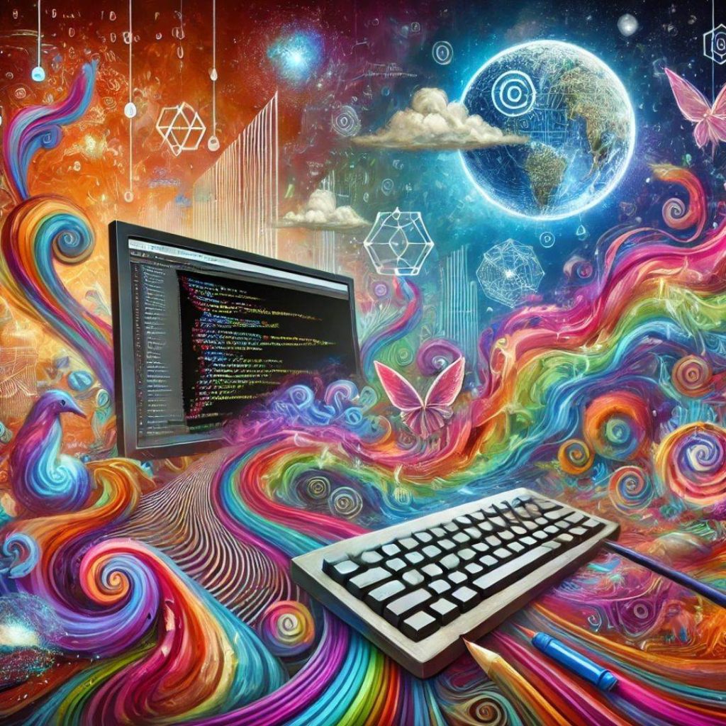 BUILD A DENTAL WEBSITE - A computer monitor and keyboard amidst vivid, multicolored swirls, clouds, and abstract designs, illustrating a combination of technology and creativity.
