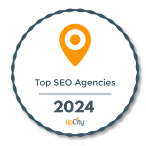 A badge with an orange location pin icon and the text