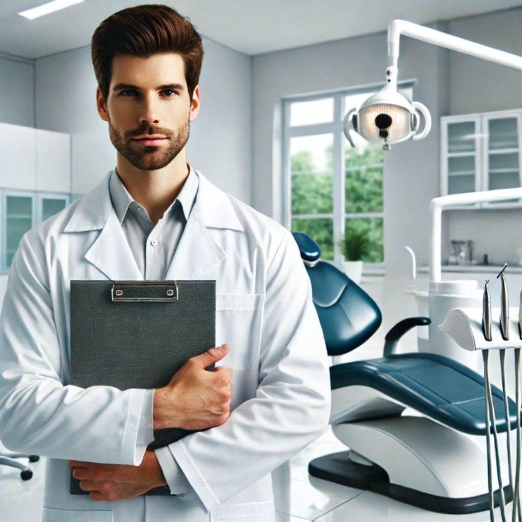 A man in a white lab coat holds a clipboard in a modern dental office with dental equipment and a chair in the background.