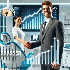 A dentist in a white coat and a businessman in a suit shake hands in a dental office with a dental chair and digital charts showing growing graphs in the background.