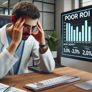 Does Your Marketing Suck? A person in a lab coat and glasses looks stressed while sitting at a desk with a computer screen displaying the text "Poor ROI" and various declining percentages.