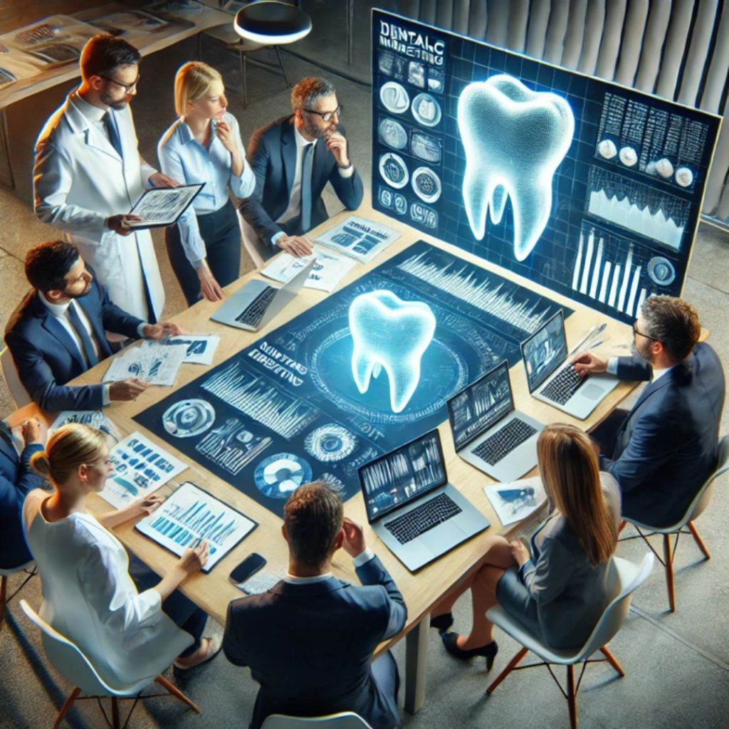 A group of professionals in a meeting room analyze dental data on holographic screens and laptops, focusing on a large hologram of a tooth displayed in the center.