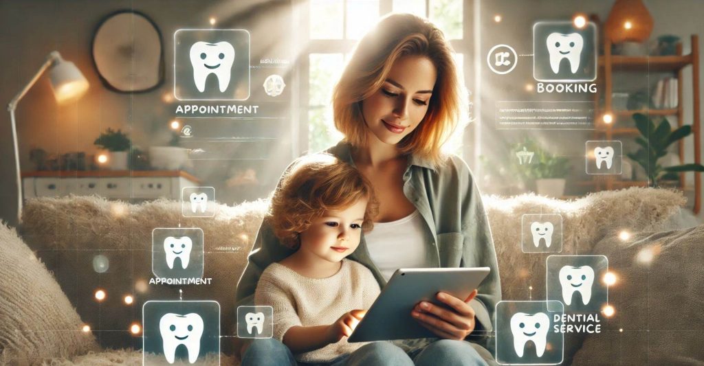 A woman and child use a tablet on a couch, with floating icons for dental services, booking, and appointments around them, in a bright, cozy room.