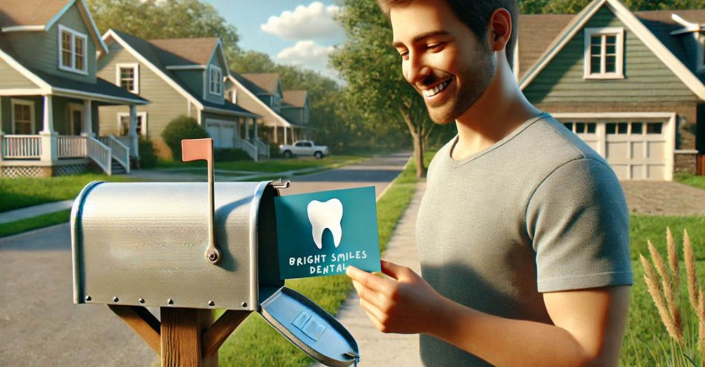 Dental Direct Mail for Dentists A man stands by a mailbox, smiling as he reads a flyer for "Bright Smiles Dental." He is in a suburban neighborhood with houses in the background.