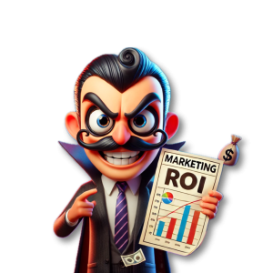 Dental Marketing Villain Bad ROI Cartoon character with a stern expression holding a paper labeled "Marketing ROI" with graphs, and a small bag with a dollar sign tied to their wrist.