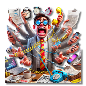 A frantic cartoon character in a suit with multiple arms juggles phones, documents, clocks, and coffee cups, symbolizing extreme stress and multitasking. The desk is cluttered with paperwork and phones.