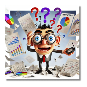 A cartoon character in a suit stands amid scattered graphs, charts, and papers, looking perplexed with multiple question marks above his head. He holds a compass and appears overwhelmed by data.