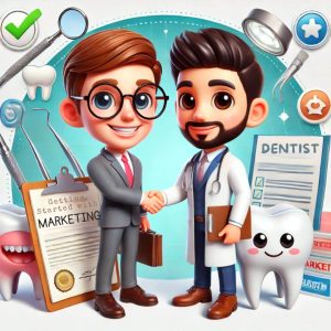Illustration of a bespectacled man in a suit shaking hands with a dentist. Dental tools, a molar, and a checklist labeled "Dentist" are in the background. A certificate titled "Getting Started with Marketing" is visible.