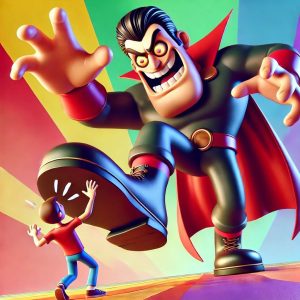 An animated character with a cape towers over a smaller character, lifting a large foot as if to step on them. The background is colorful with a gradient of rainbow hues.