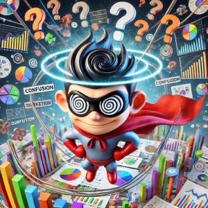 3D cartoon superhero with a red cape and hypnotic eyes standing amid a chaotic scene filled with graphs, charts, and question marks, signifying confusion and overload of information.