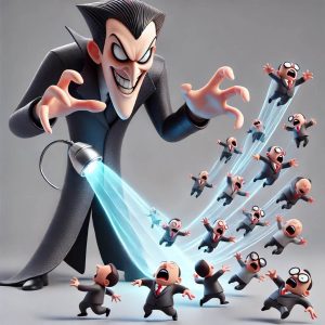 A tall, menacing cartoon character in black unleashes a blue ray on small, panicking figures dressed in black suits.