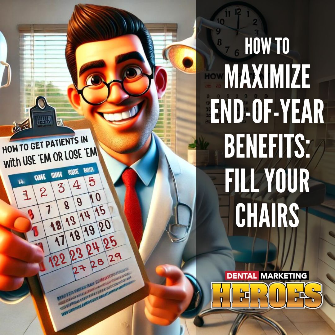 2024 - year end benefits webinar - sqr - Animated dentist holding a clipboard with a patient schedule in a dental office. Text reads "How to Maximize End-of-Year Benefits: Fill Your Chairs.