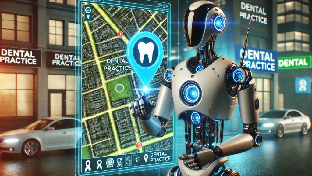 A robot stands in front of a digital map using AI geo technology to highlight a dental practice location, with glowing signs on nearby buildings.  Generative Engine Optimization for dental practices