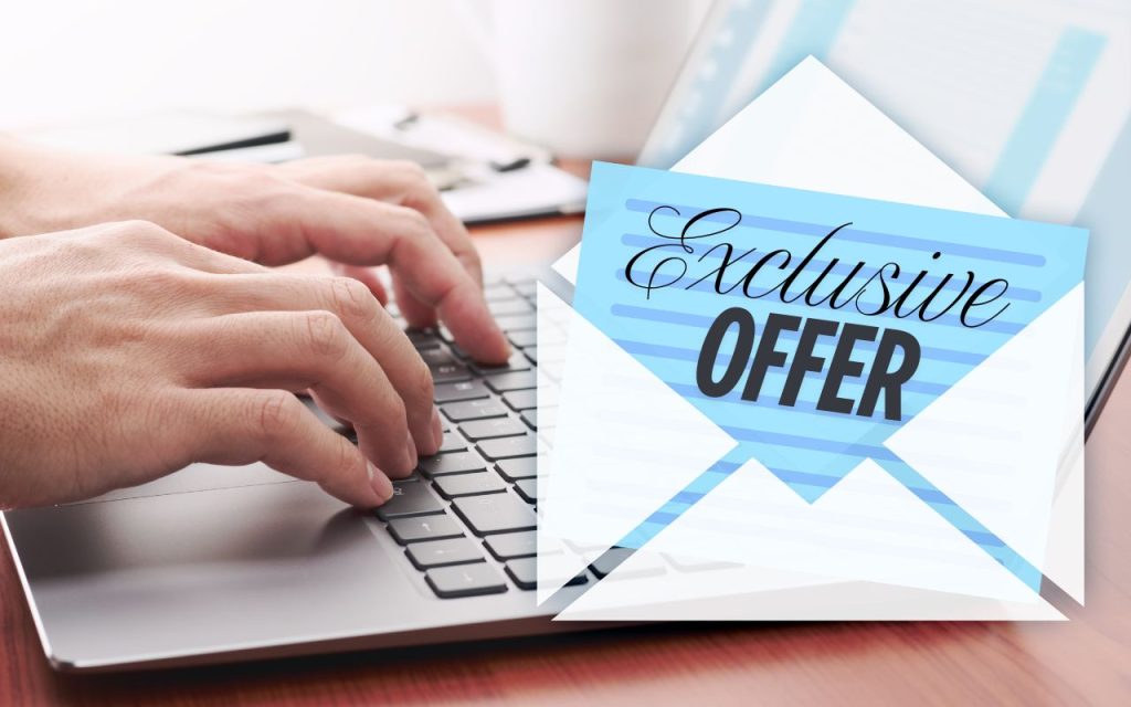 Hands typing on a laptop keyboard with a graphic overlay showing an envelope labeled "Exclusive Offer.