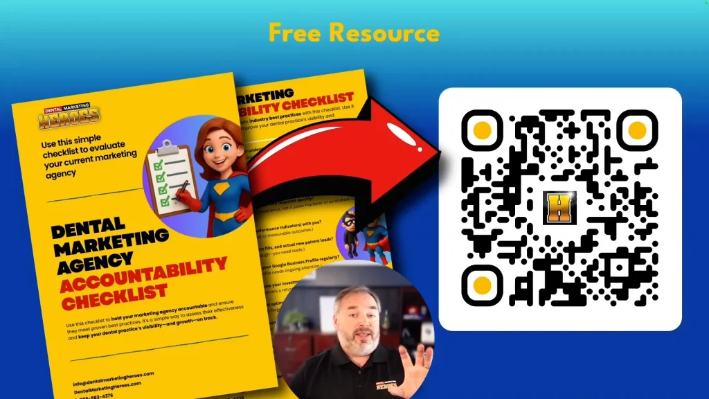 Call to action to download checklist and book free strategy session. A digital flyer displays a "Dental Marketing Agency Accountability Checklist," a cartoon woman with a checklist, a red arrow, a QR code, and a man speaking in a video.