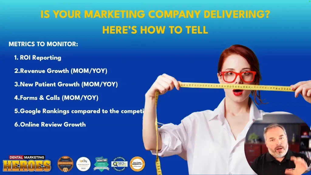 Key dental marketing metrics to monitor. A woman with red hair and glasses measures with a tape; text lists marketing metrics to monitor on a blue background with various award badges along the bottom.