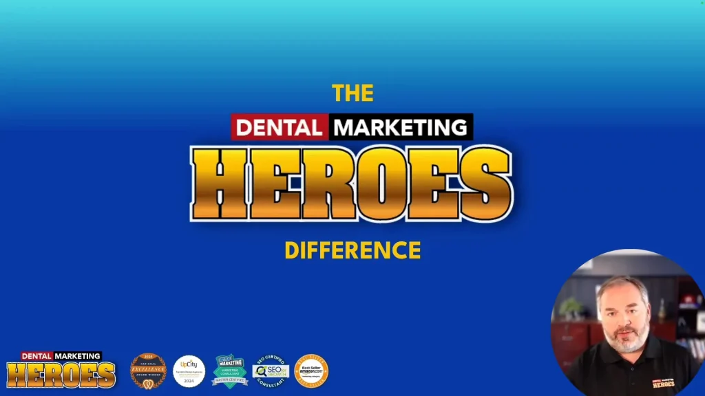 Dental Marketing Heroes unique approach and awards. Slide with the text "The Dental Marketing Heroes Difference" on a blue background; several award badges and a man&rsquo;s face appear at the bottom.