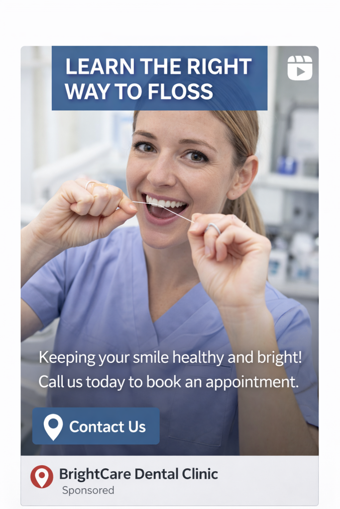 A woman in scrubs demonstrates flossing her teeth, promoting dental health at BrightCare Dental Clinic with a "Contact Us" button visible.