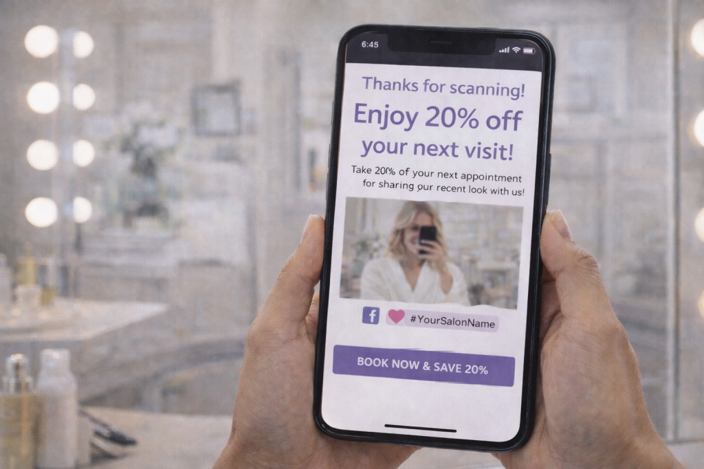 A person holds a phone displaying a salon promotion for 20% off the next visit after sharing a recent look, with a blurred salon image in the background.